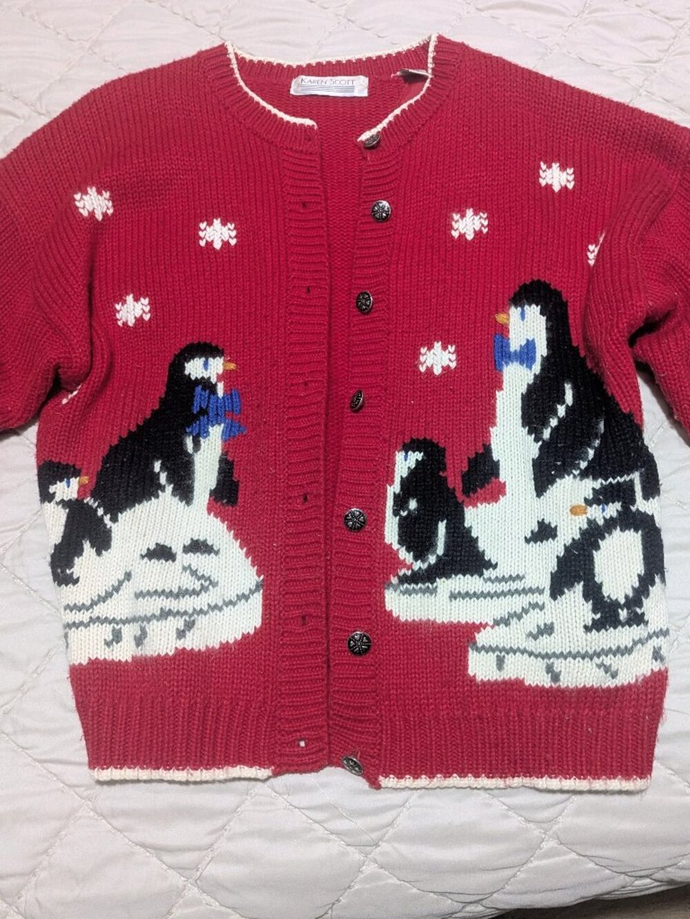 Karen Scott Vintage Red Penguin Christmas Cardigan Sweater L